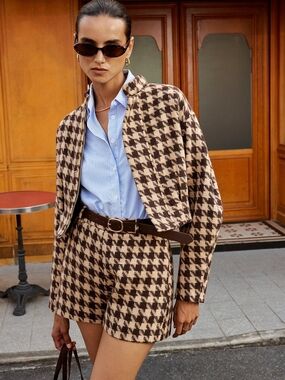 NWT Commense Brown and Cream Houndstooth Cropped Blazer XS